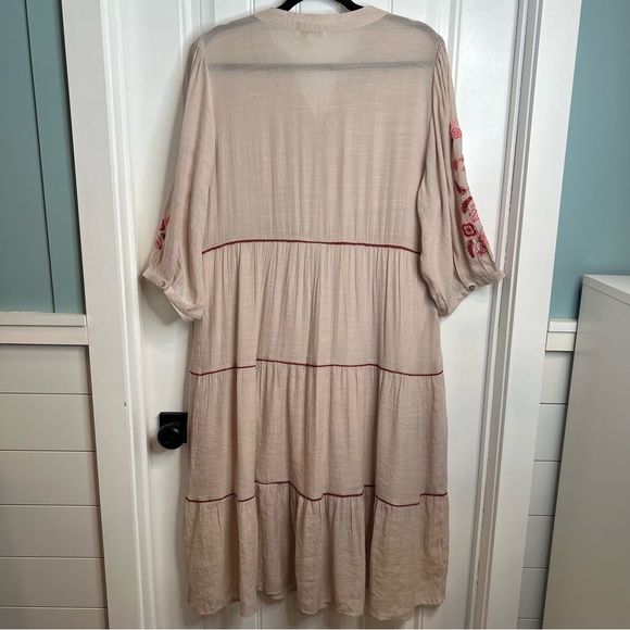 Fig + Flower Tan Midi Dress with Burgundy Pink Embroidery. Size Large. - Picture 4 of 16